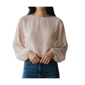 We Are HAH Womens Large Pink Chiffon Lace Long Sleeve Round Neck Floral Bodysuit